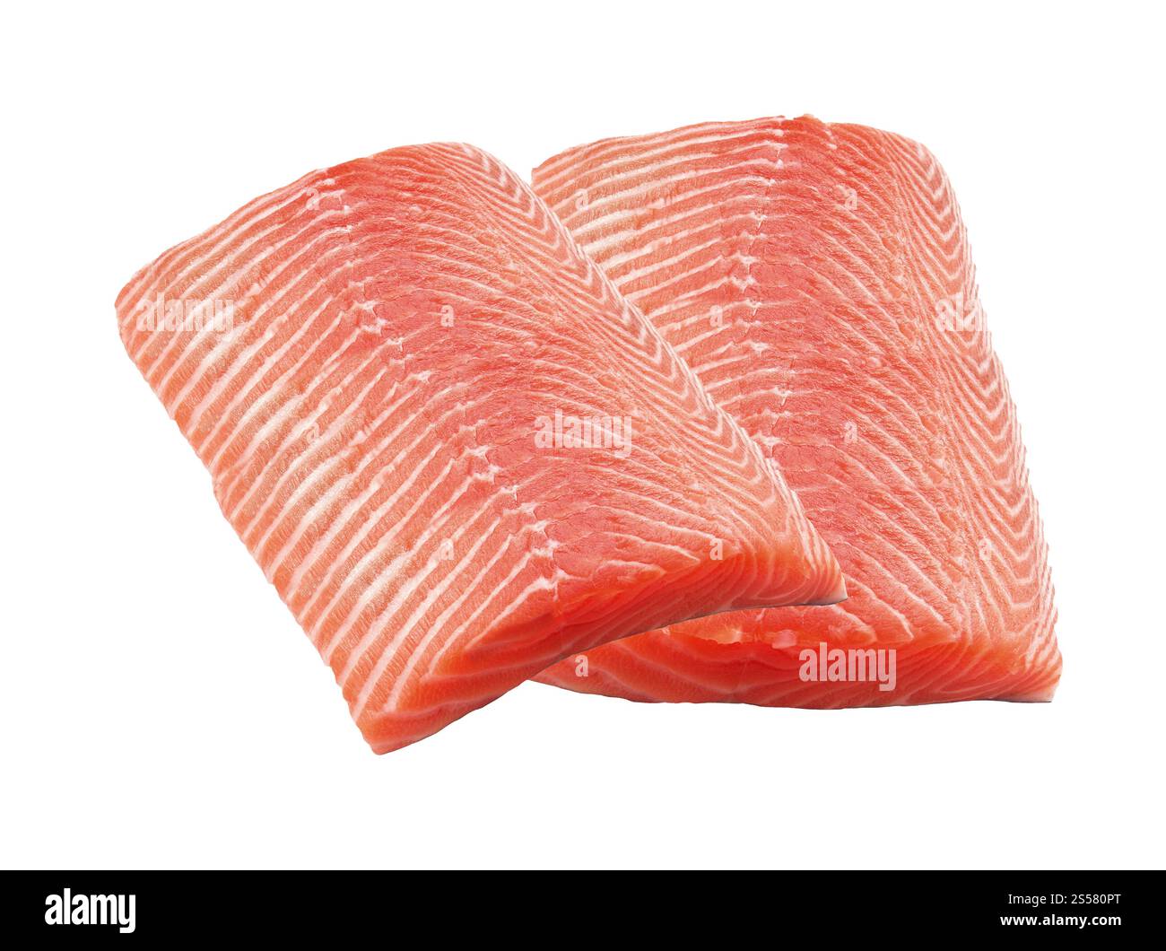 Lachssteaks Roter Fisch isoliert auf weiß Stockfoto
