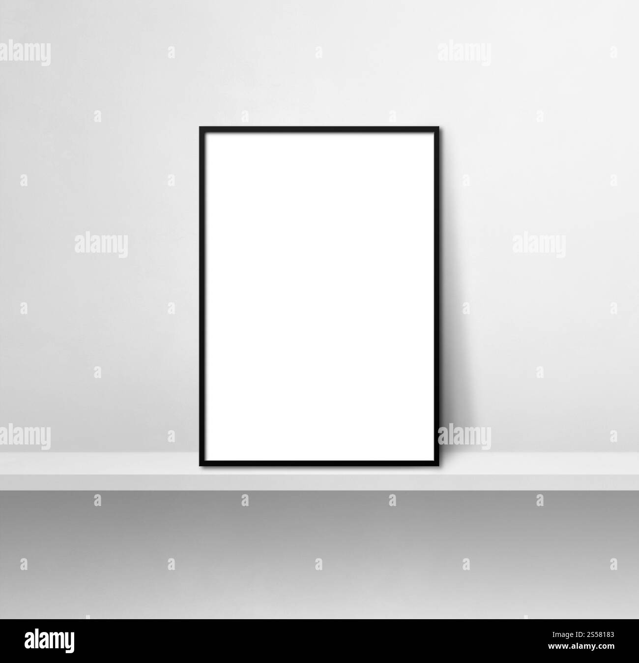 Schwarzer Bilderrahmen auf weißem Regal. 3D-Abbildung. Leere Modellvorlage. Quadratischer Hintergrund. Schwarzer Bilderrahmen, der sich auf ein weiß stützt Stockfoto