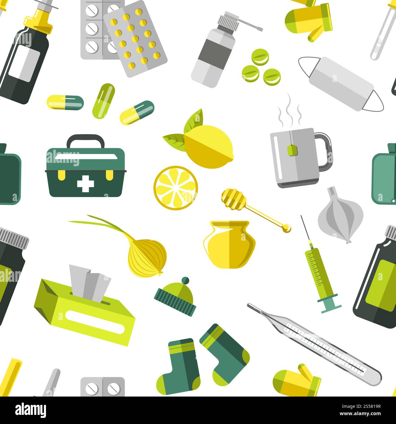 Arzneimittelpillen in Blister und Tropfen nahtlose Muster Vektor. Behandlungsmethoden und Pflege, Pipette und Spritze für Spritzen und Injektionen. Gesundheit und medizinische Versorgung der Patienten. Tee und Knoblauchvitamine. Arzneimittelpillen in Blister und Tropfen nahtlose Muster Vektor. Stock Vektor