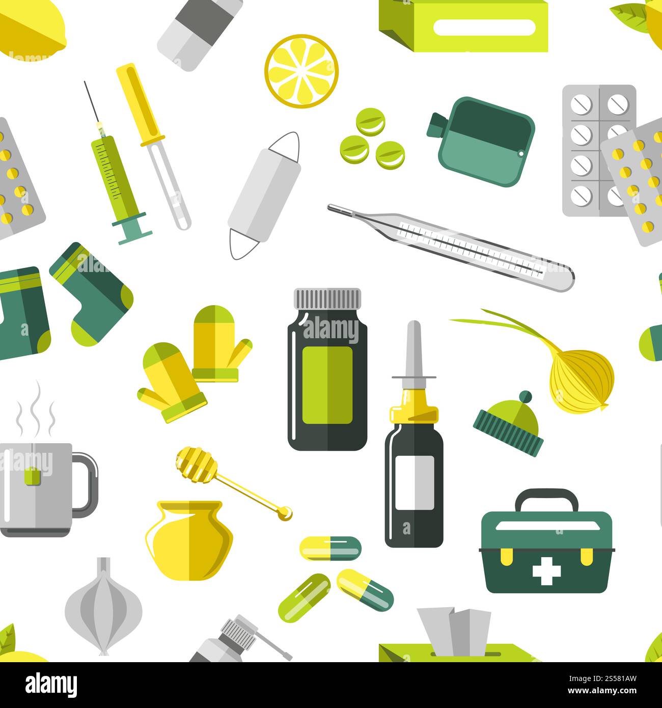 Arzneimittelpillen in Blister und Tropfen nahtlose Muster Vektor. Behandlungsmethoden und Pflege, Pipette und Spritze für Spritzen und Injektionen. Gesundheit und medizinische Versorgung der Patienten. Tee und Knoblauchvitamine. Arzneimittelpillen in Blister und Tropfen nahtlose Muster Vektor. Stock Vektor