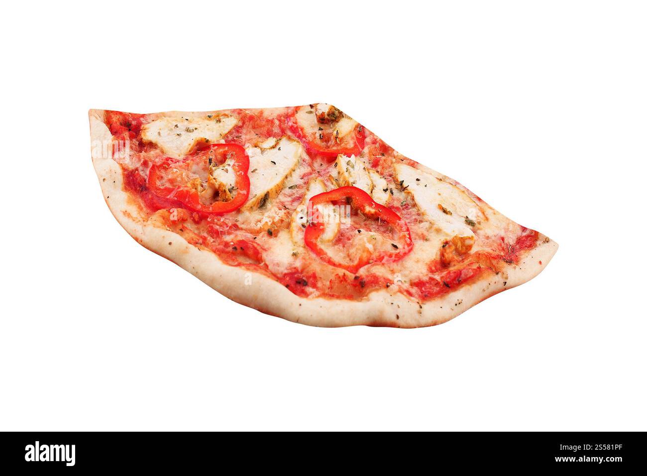 Ein Stück frische Pizza, isoliert auf weißem Hintergrund. Eine Scheibe frische Pizza Stockfoto