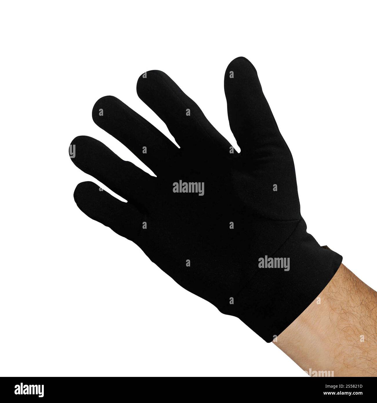 Schwarzer Handschuh isoliert auf weißem Hintergrund. Schwarzer Handschuh isoliert Stockfoto