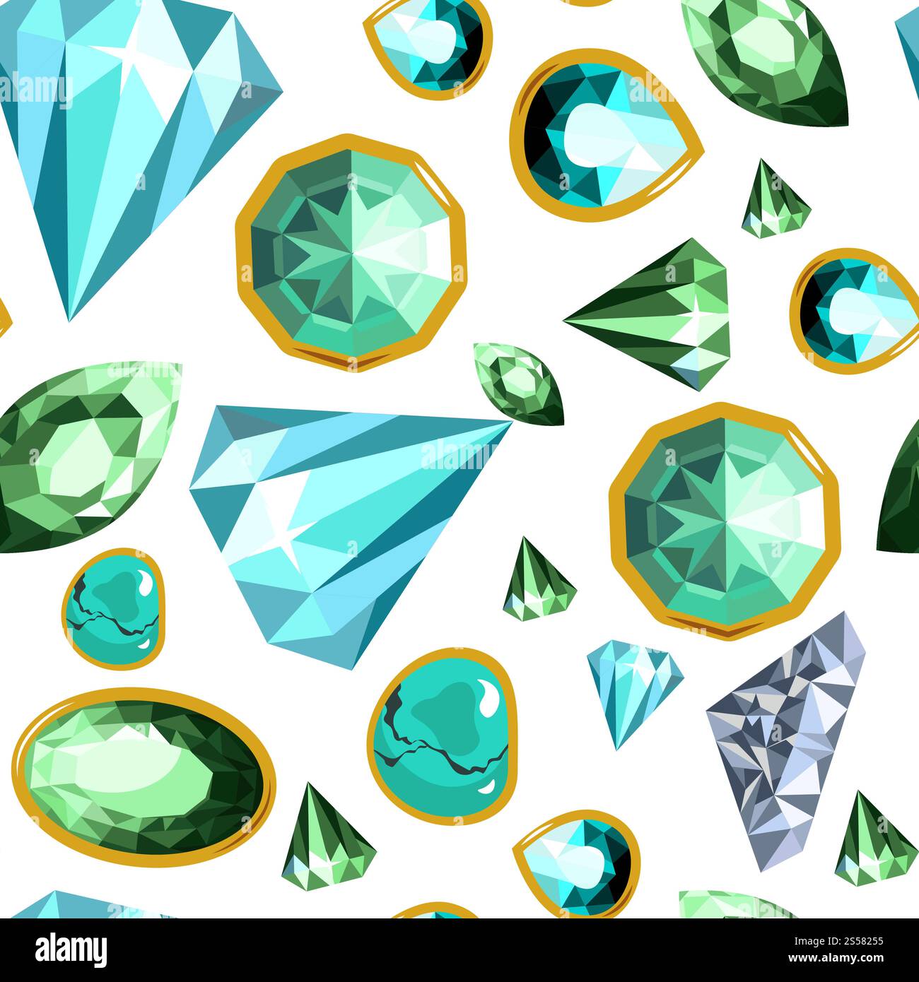 Edelsteine und Diamanten, Edelsteine nahtlose Muster Vektor. Kristall wohlhabende Produkte in Goldrahmen, Schmuckstücke, modische und teure Objekte. Funkelnde Karats und Facetten von Edelsteinen. Edelsteine und Diamanten, Edelsteine nahtlose Muster Vektor Stock Vektor