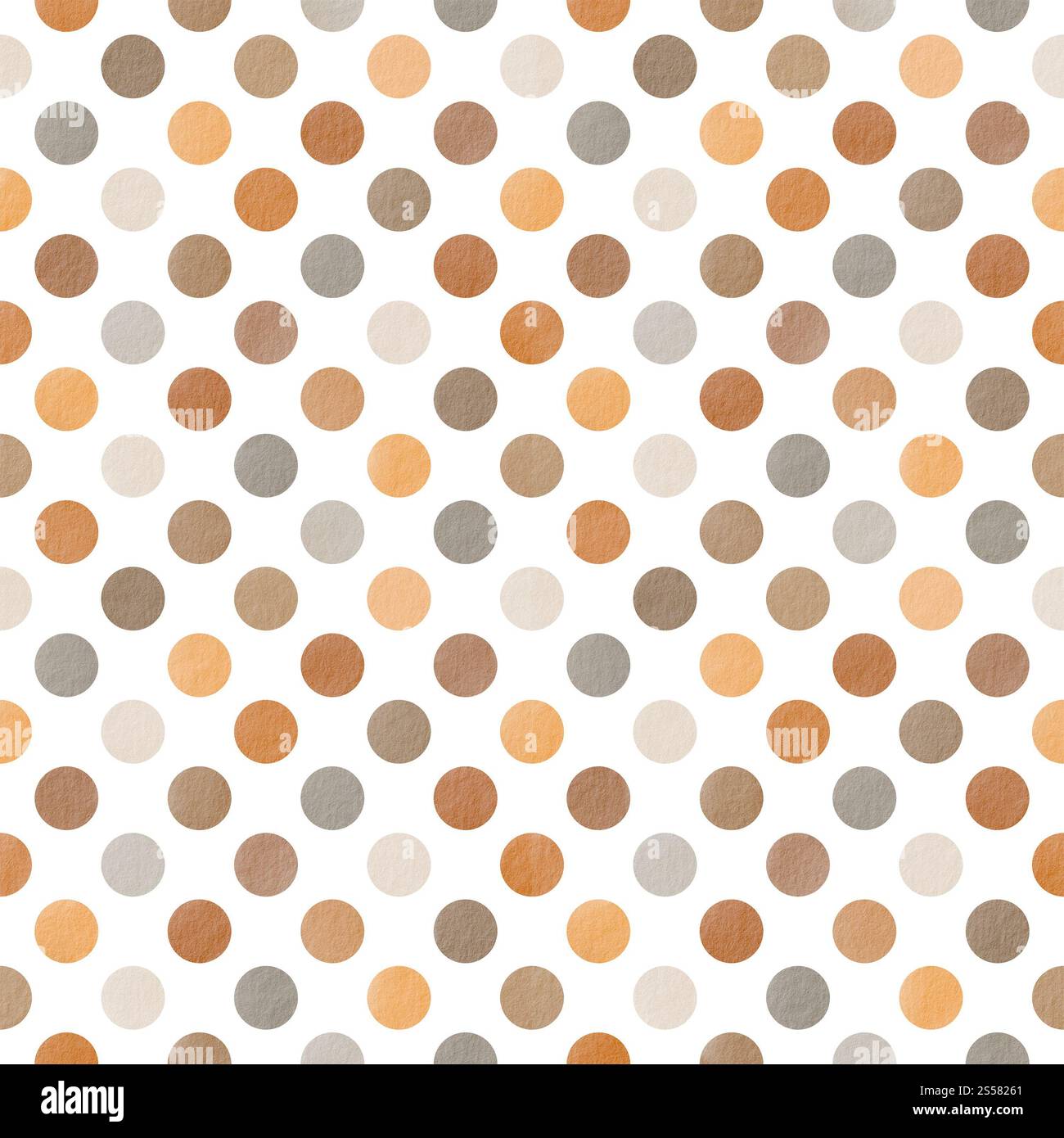 Nahtloses Muster aus mehrfarbigen Polka Dots mit Papierstruktur im warmen Herbst-Weihnachtsmotiv, Konfetti. Aquarellhandillustration als Hintergrund für Stockfoto