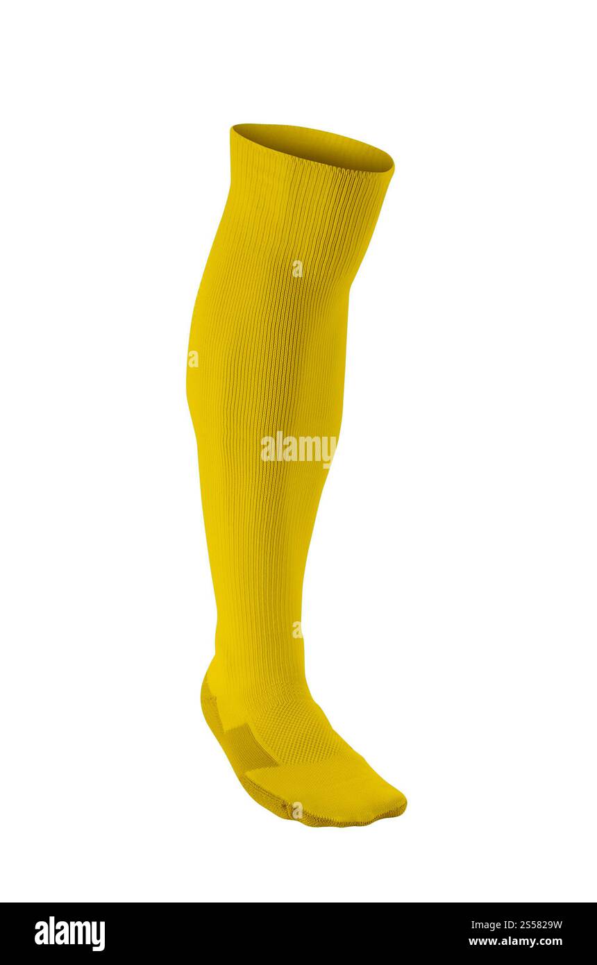 Gelbe Fußballsocke isoliert auf weißem Hintergrund. Gelbe Fußballsocke Stockfoto