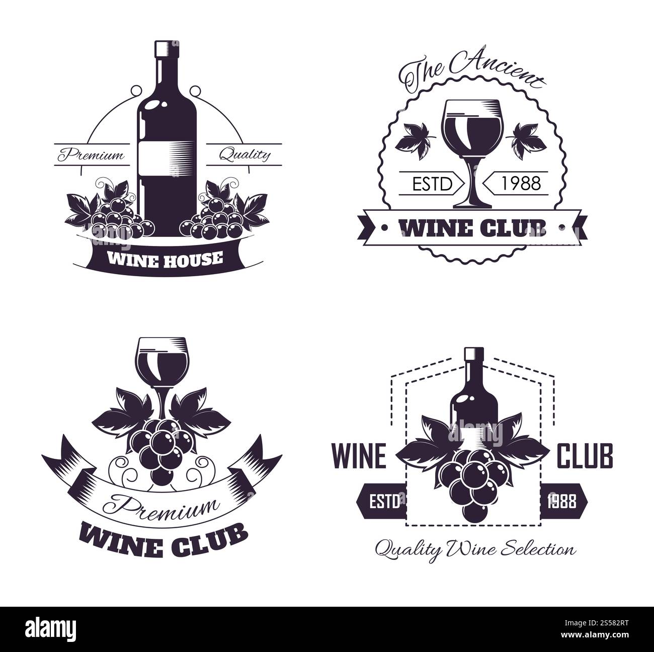 Logo-Vorlagen des Weinklubs oder Etikettenset der Weinbar. Stock Vektor