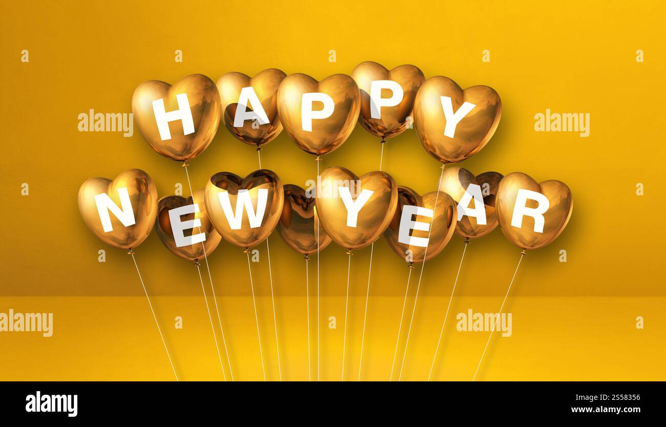 Goldene Ballons in Herzform auf gelbem Betonhintergrund. Horizontales Banner. 3D-Illustrationen rendern. Goldene Herzform für ein glückliches neues Jahr Stockfoto