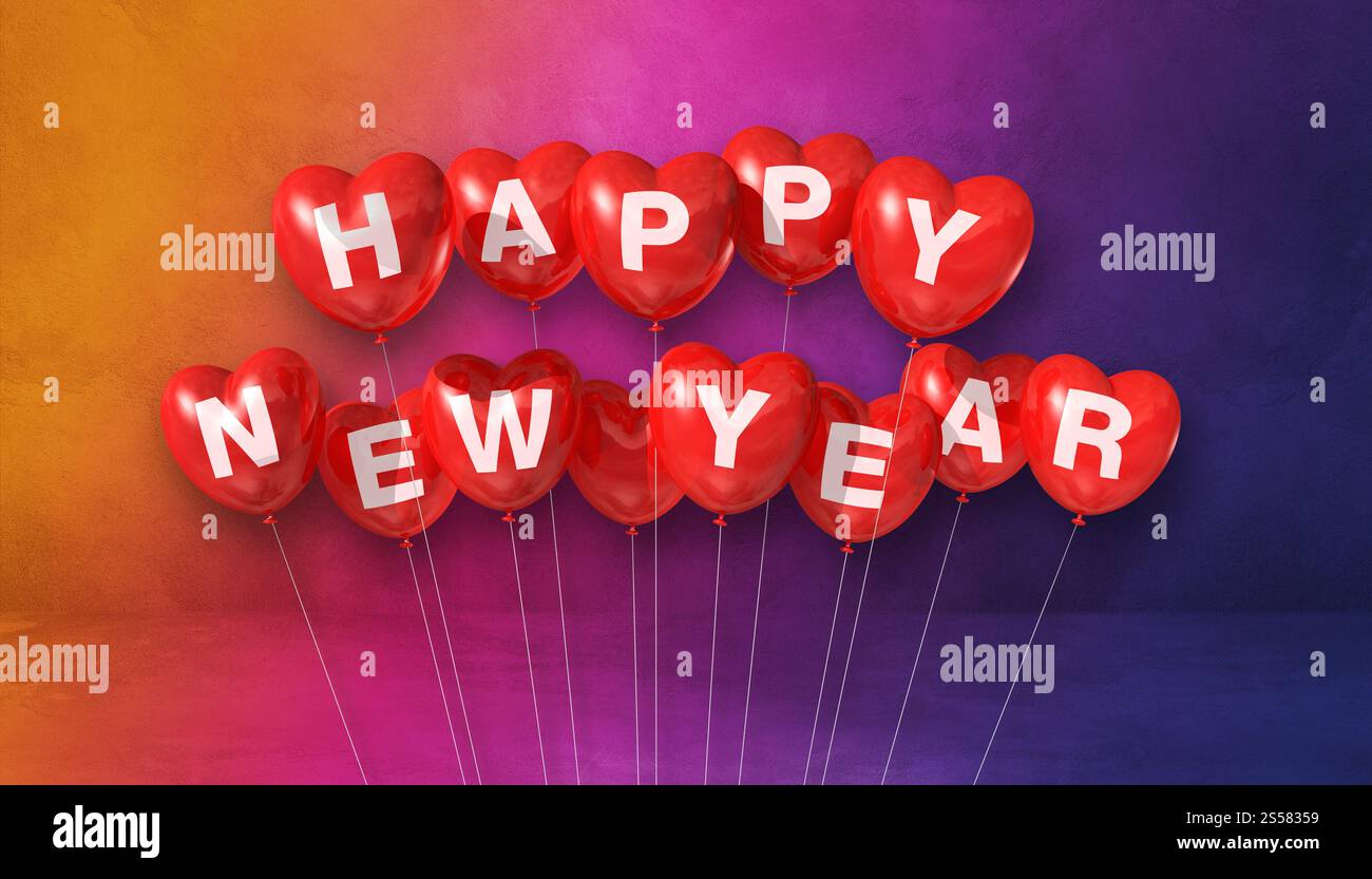 Rote Ballons in Herzform auf Regenbogenhintergrund. Horizontales Banner. 3D-Illustrationen rendern. Rote Ballons in Herzform für das neue Jahr Stockfoto