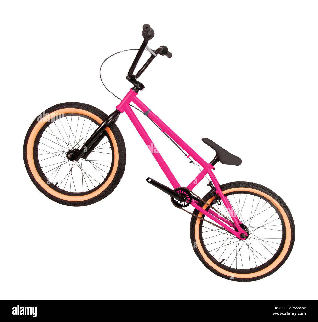 Rosafarbenes Fahrrad isoliert auf weiß Stockfoto