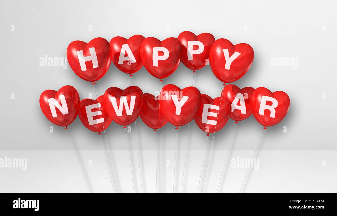 Rote Ballons in Herzform auf weißem Betonhintergrund. Horizontales Banner. 3D-Illustrationen rendern. Rote Happy New Year Herzform Stockfoto