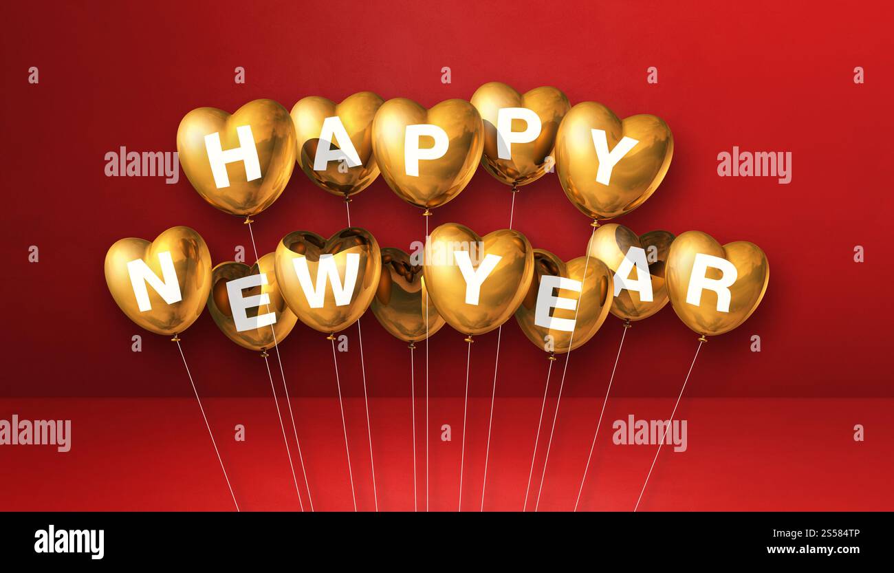 Goldene Ballons in Herzform auf rotem Betonhintergrund. Horizontales Banner. 3D-Illustrationen rendern. Goldene Herzform für ein glückliches neues Jahr Stockfoto