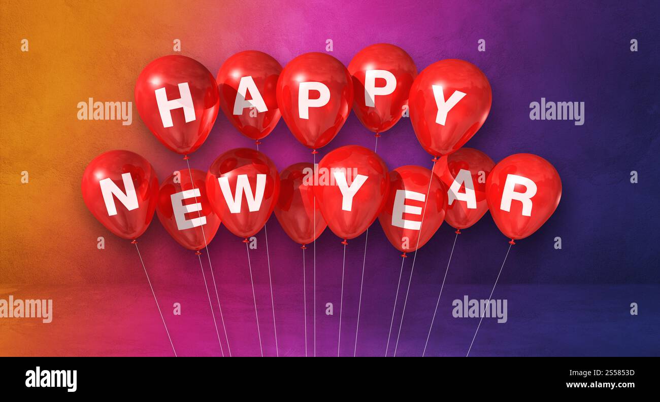 Rote Happy New Year Ballons auf Regenbogenhintergrund. Horizontales Banner. 3D-Illustrationen rendern. Rote Happy New Year Ballons auf einem Regenbogen Stockfoto