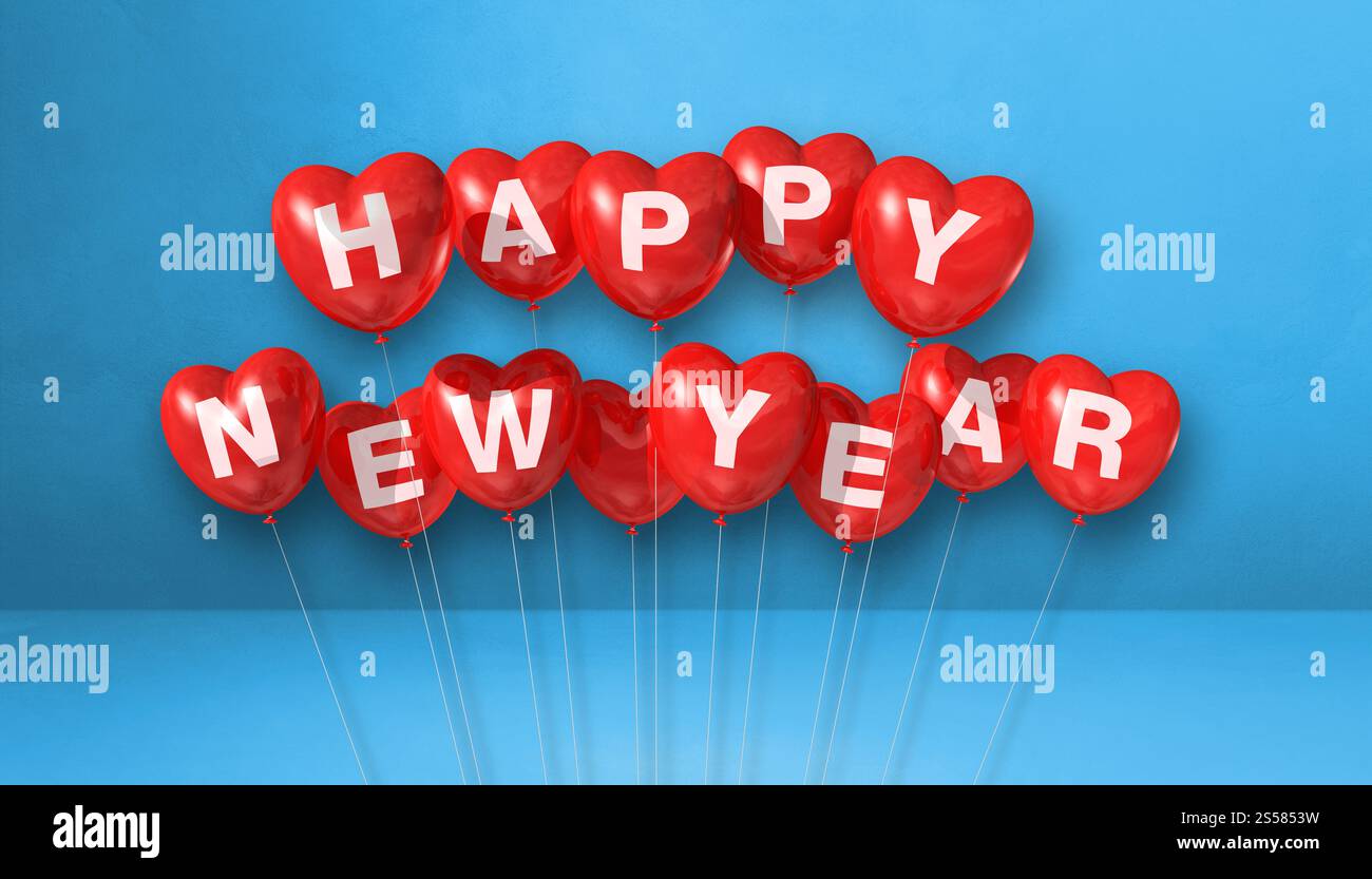 Rote Ballons in Herzform auf blauem Betonhintergrund. Horizontales Banner. 3D-Illustrationen rendern. Rote Happy New Year Herzform Stockfoto