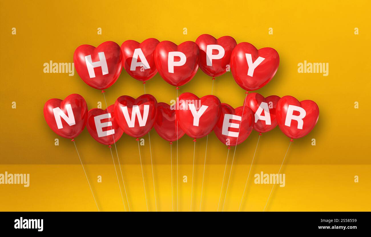 Rote Ballons in Herzform auf gelbem Betonhintergrund. Horizontales Banner. 3D-Illustrationen rendern. Rote Happy New Year Herzform Stockfoto