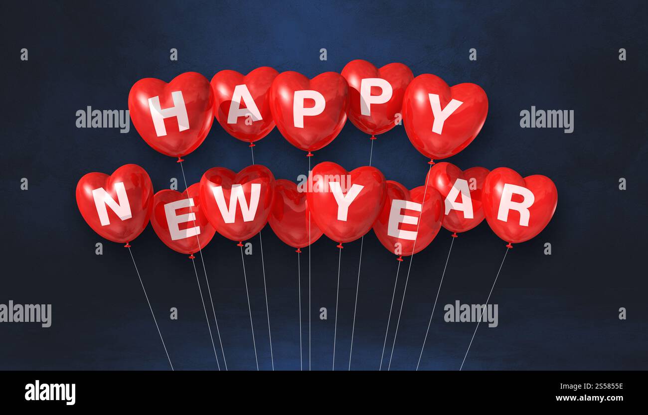 Rote Ballons in Herzform auf schwarzem Betonhintergrund. Horizontales Banner. 3D-Illustrationen rendern. Rote Happy New Year Herzform Stockfoto
