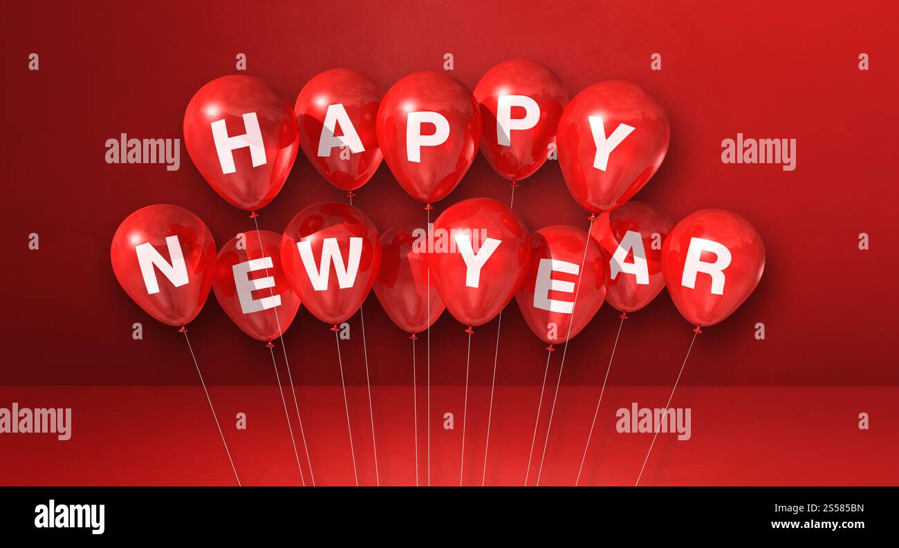 Ein Happy New Year Ballons auf einem roten Betonhintergrund. Horizontales Banner. 3D-Illustrationen rendern. Frohe Neujahrsballons auf rotem Beton Stockfoto