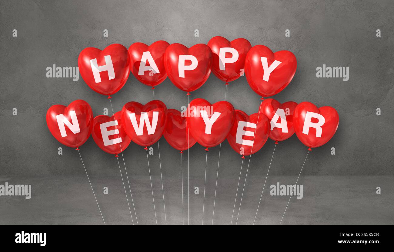 Rote Ballons in Herzform auf grauem Betonhintergrund. Horizontales Banner. 3D-Illustrationen rendern. Rote Happy New Year Herzform Stockfoto