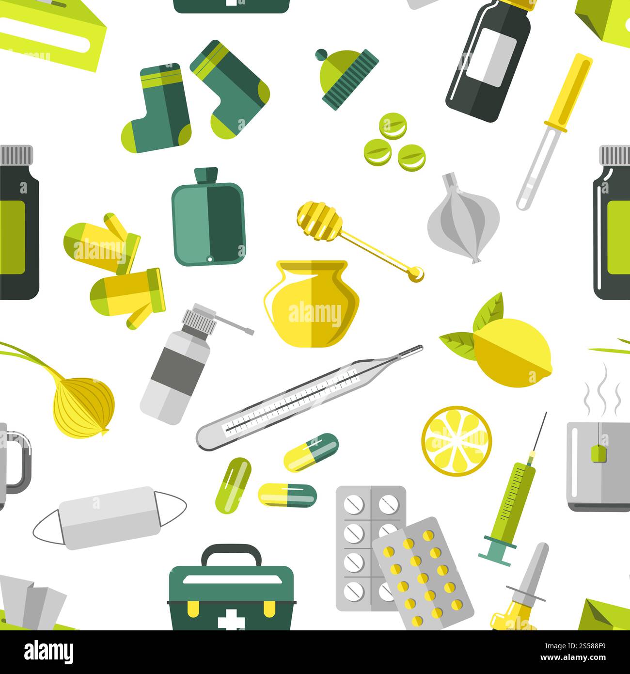 Arzneimittelpillen in Blister und Tropfen nahtlose Muster Vektor. Behandlungsmethoden und Pflege, Pipette und Spritze für Spritzen und Injektionen. Gesundheit und medizinische Versorgung der Patienten. Tee und Knoblauchvitamine. Arzneimittelpillen in Blister und Tropfen nahtlose Muster Vektor. Stock Vektor