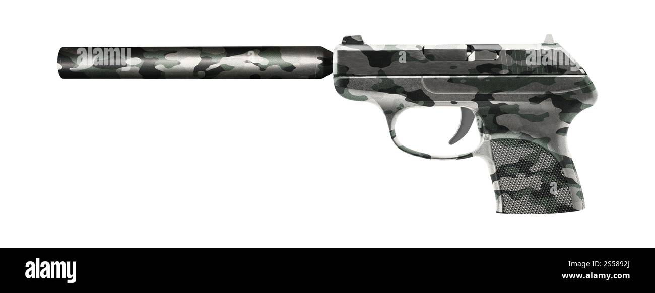 Pistole mit einem Schalldämpfer isoliert auf weiß Stockfoto
