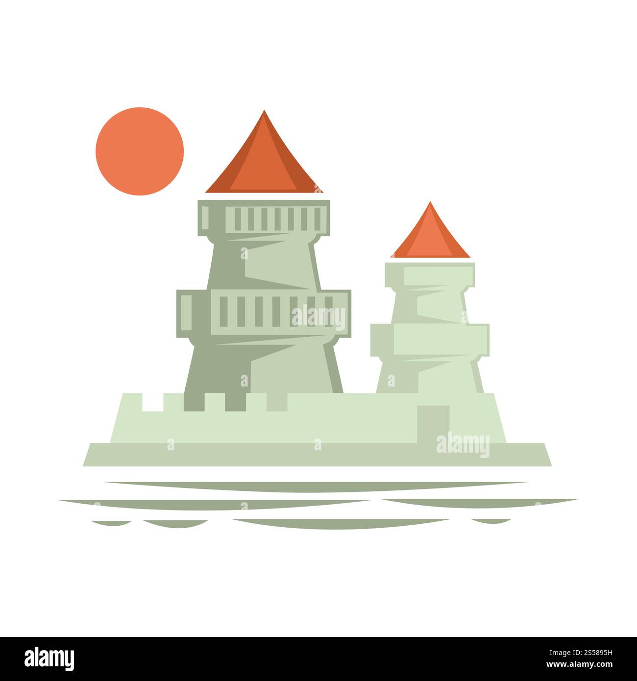 Mittelalterliche Burg mit Fahnenband oben, Architektur aus alter Zeit Vektor. Festes Vintage-Gebäude, Epoche des Königshauses, verteidigendes Gebäude. Europäisches Touristendenkmal. Mittelalterliche Burg mit Fahnenband oben, Architektur aus alter Zeit Vektor. Stock Vektor