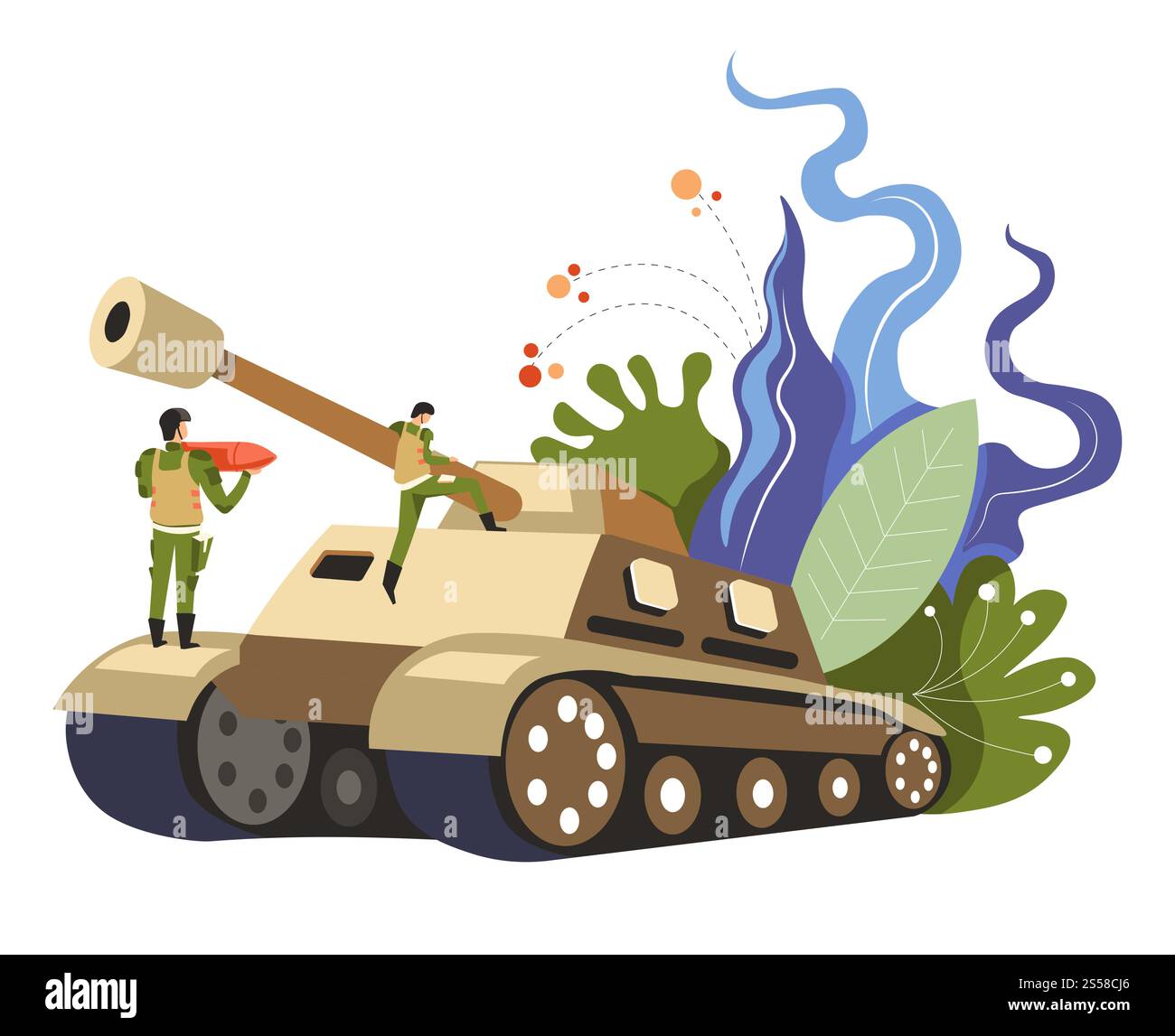Militärangehörige in Uniformen stehen auf Panzervektor. Menschen, die das Land vor Feinden verteidigen, Krieger mit Raketen, die Land schützen. Streitkräfte mit kugelsicherem Fahrzeug, Blättern und Dekorationslaub. Militärangehörige in Uniformen stehen auf Panzervektor Stock Vektor