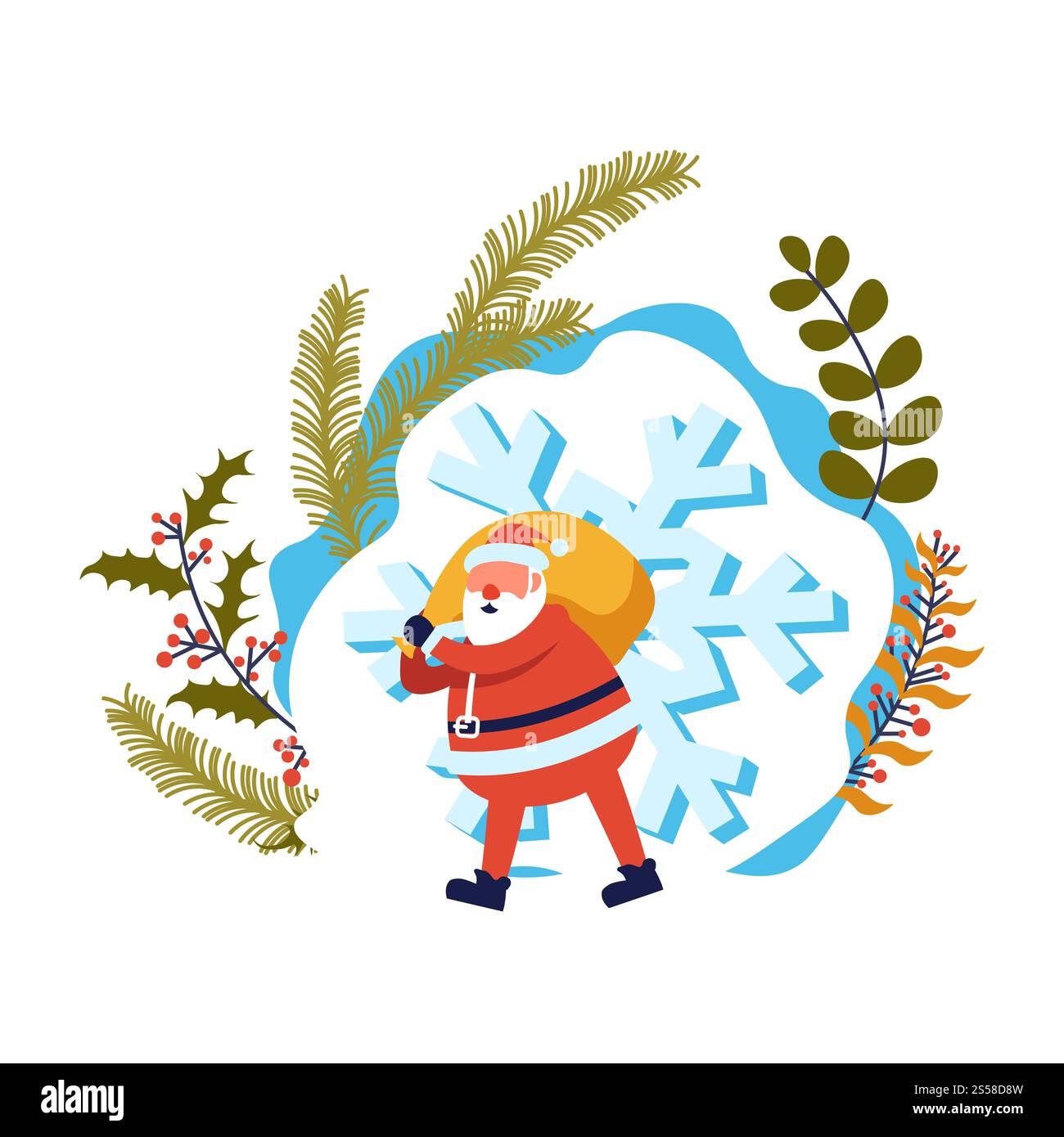 Frohe Weihnachten Winterferien, Weihnachtsmann mit Tasche gefüllt mit Geschenke Vektor. Großer Schneeflocken-Opa-Frost trägt Kostüm, der Geschenke für Kinder trägt. Mistel traditionelle Pflanzen- und Laubblätter. Frohe Weihnachten, Winterferien, Weihnachtsmann mit Tasche Stock Vektor