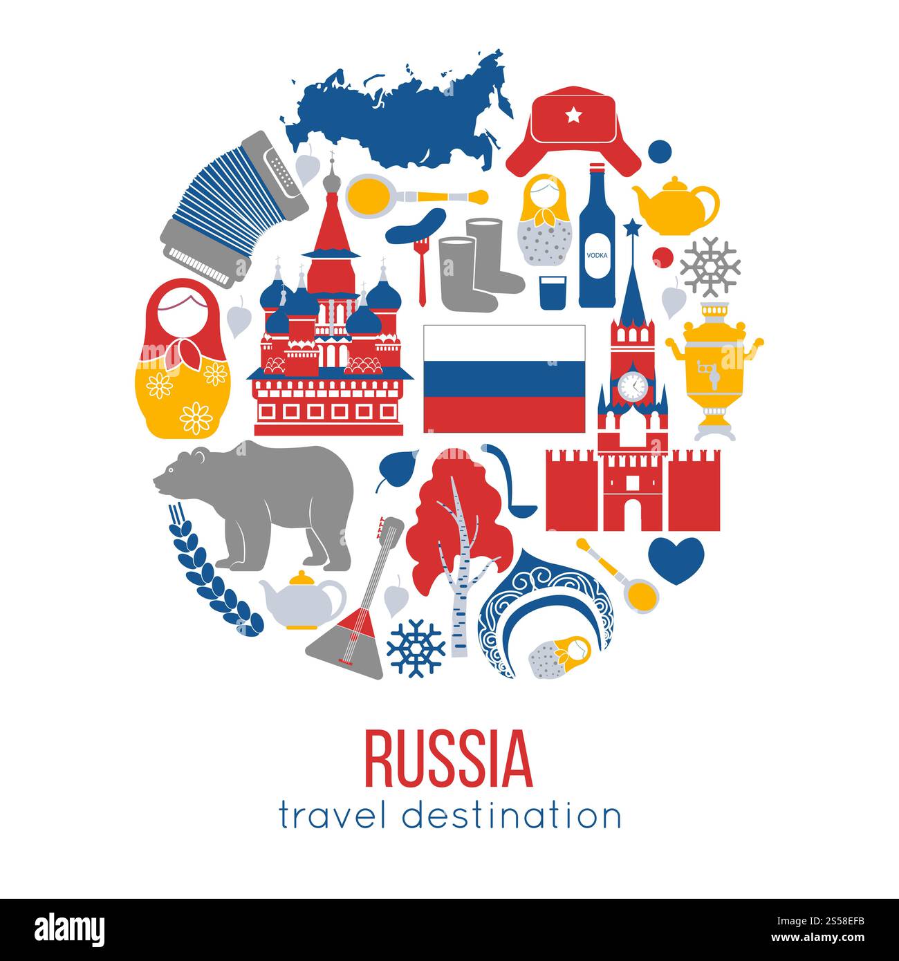 Russland Reiseziel Vektor-Illustration. Kreml-Turm, Braunbär, traditionelle Kleidungselemente, Tee mit Honig, leckere Pfannkuchen, Balalaika aus Holz, eine Flasche Wodka und ein Bündel Bagels... Russland Reiseziel Vektor-Illustration. Stock Vektor