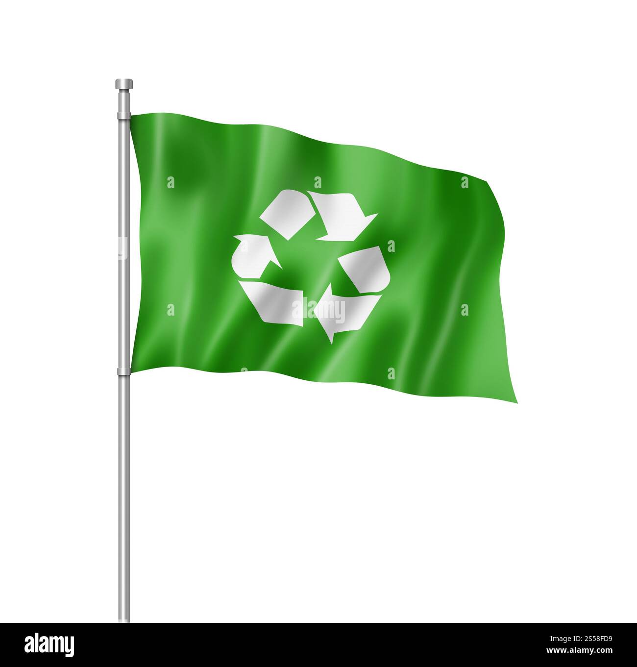 Recycling-Symbol-Flag, dreidimensionales Rendering, isoliert auf weiß. Kennzeichnung für Recycling-Symbol ist weiß isoliert Stockfoto
