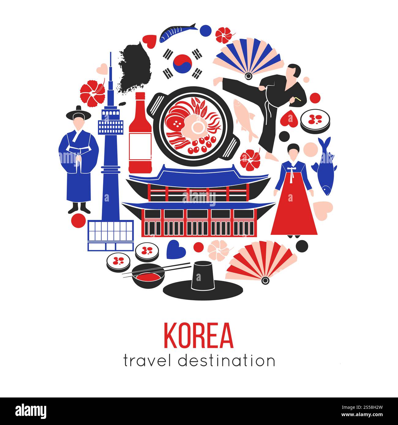 Koreanische Bräuche und Wahrzeichen in einem Kreis. Traditionelle Kleidung, authentische Gebäude, Meeresfrüchte, Nationalflagge, Ländergrenzen und berühmte Art von Sport runden Vektorillustration auf weißem Hintergrund. Koreanische Bräuche und Wahrzeichen in einem Kreis. Stock Vektor