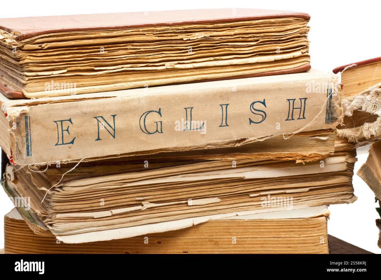 Antike alte Bücher isoliert auf weißem Hintergrund. Alte Bücher auf weiß Stockfoto