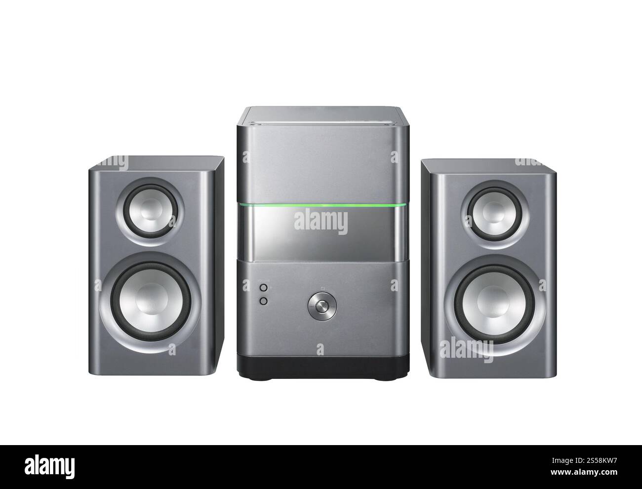 Graues Musikzentrum isoliert auf weißem Hintergrund. Graues Musikzentrum Stockfoto