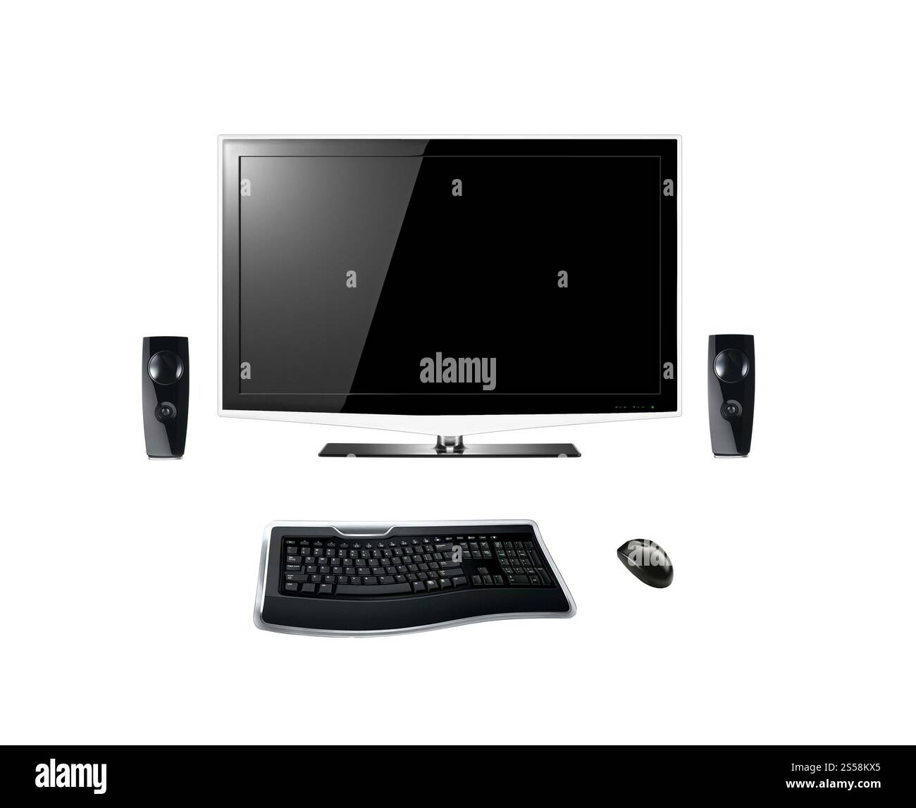Moderne Akustiksysteme mit lcd-Panel auf weißem Hintergrund. Moderne Akustiksysteme mit lcd-Panel Stockfoto