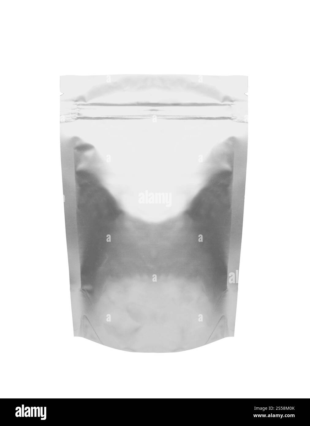 Nahaufnahme eines Aluminiumbeutels isolierte einen weißen Hintergrund. Nahaufnahme eines Aluminiumbeutels Stockfoto