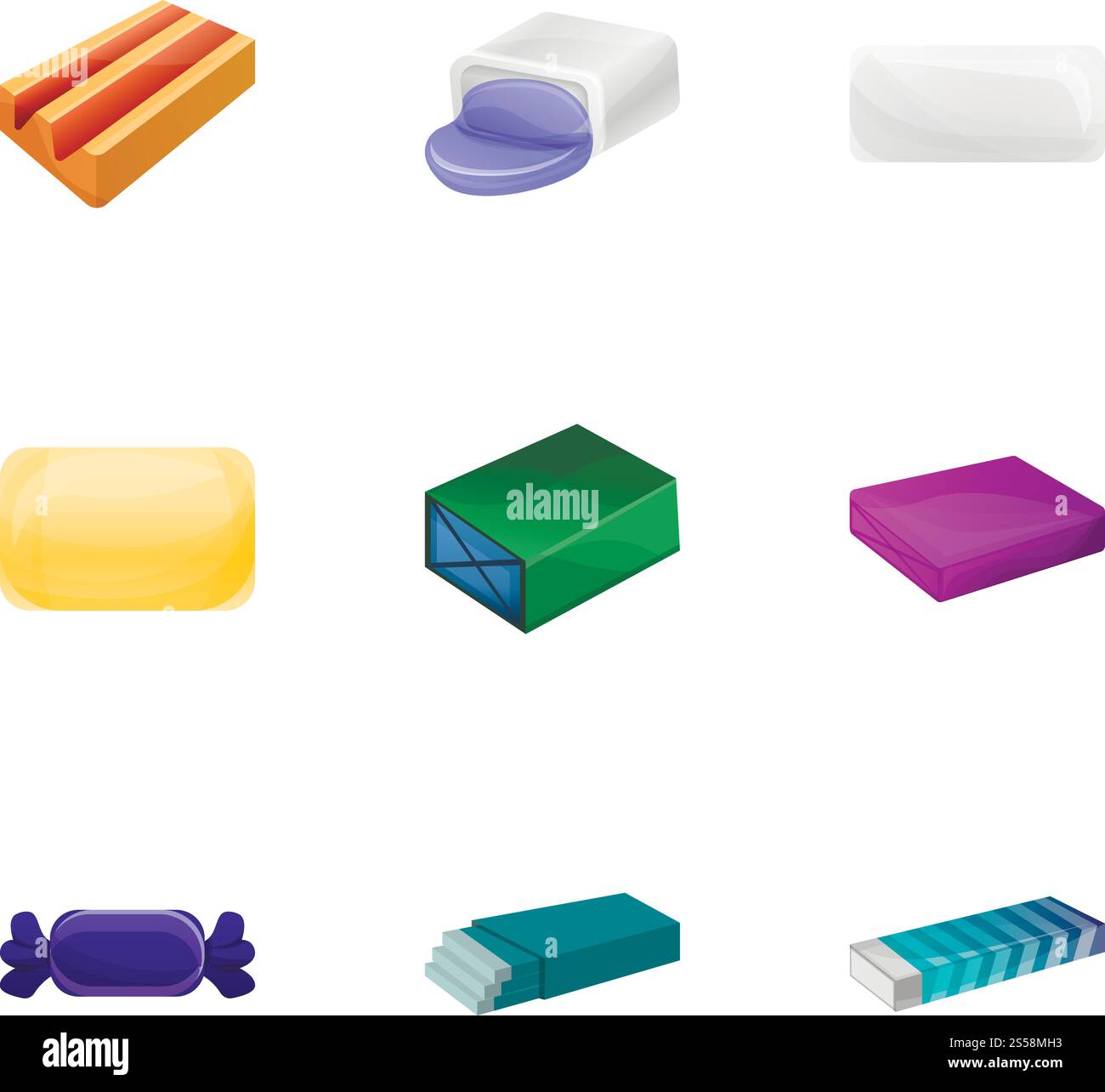 Symbolsatz für Kaugummi. Zeichentricksatz von 9 Bubble Gum Vektor-Symbole für Webdesign isoliert auf weißem Hintergrund. Set mit Bubble-Gummi-Symbolen, Cartoon-Stil Stock Vektor