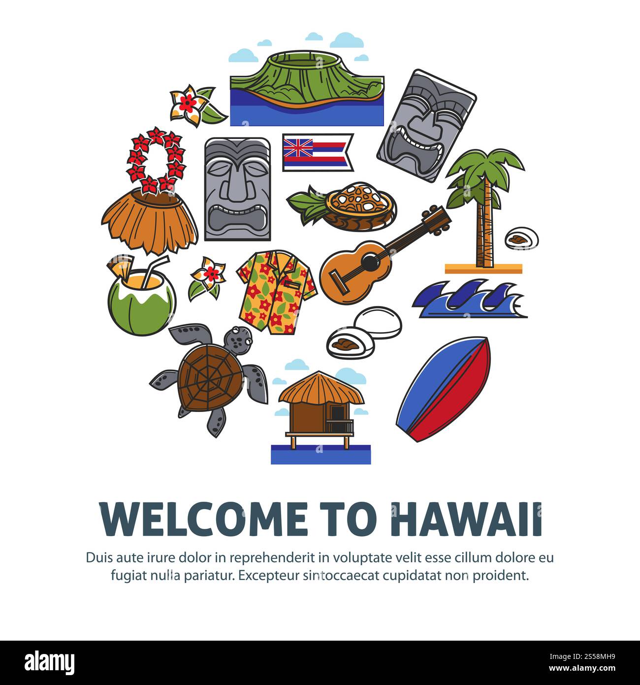 Willkommen auf Hawaii Promo-Poster mit nationalen Symbolen. Strohrock mit Blumenperlen, Steinstatuen, hoher Palme, Akustikgitarre, helles Surfbrett, Meeresschildkröte und fruchtige Lebensmittel Vektor-Illustrationen.. Willkommen auf Hawaii Promo-Poster mit nationalen Symbolen Stock Vektor