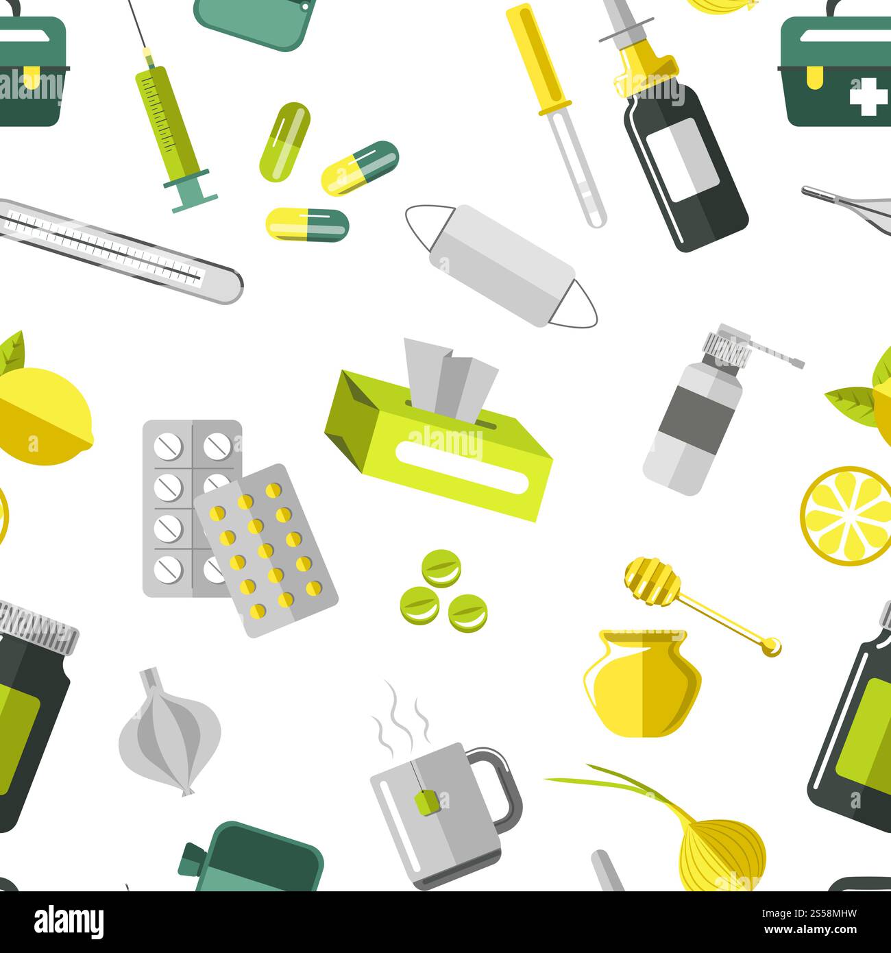 Arzneimittelpillen in Blister und Tropfen nahtlose Muster Vektor. Behandlungsmethoden und Pflege, Pipette und Spritze für Spritzen und Injektionen. Gesundheit und medizinische Versorgung der Patienten. Tee und Knoblauchvitamine. Arzneimittelpillen in Blister und Tropfen nahtlose Muster Vektor Stock Vektor