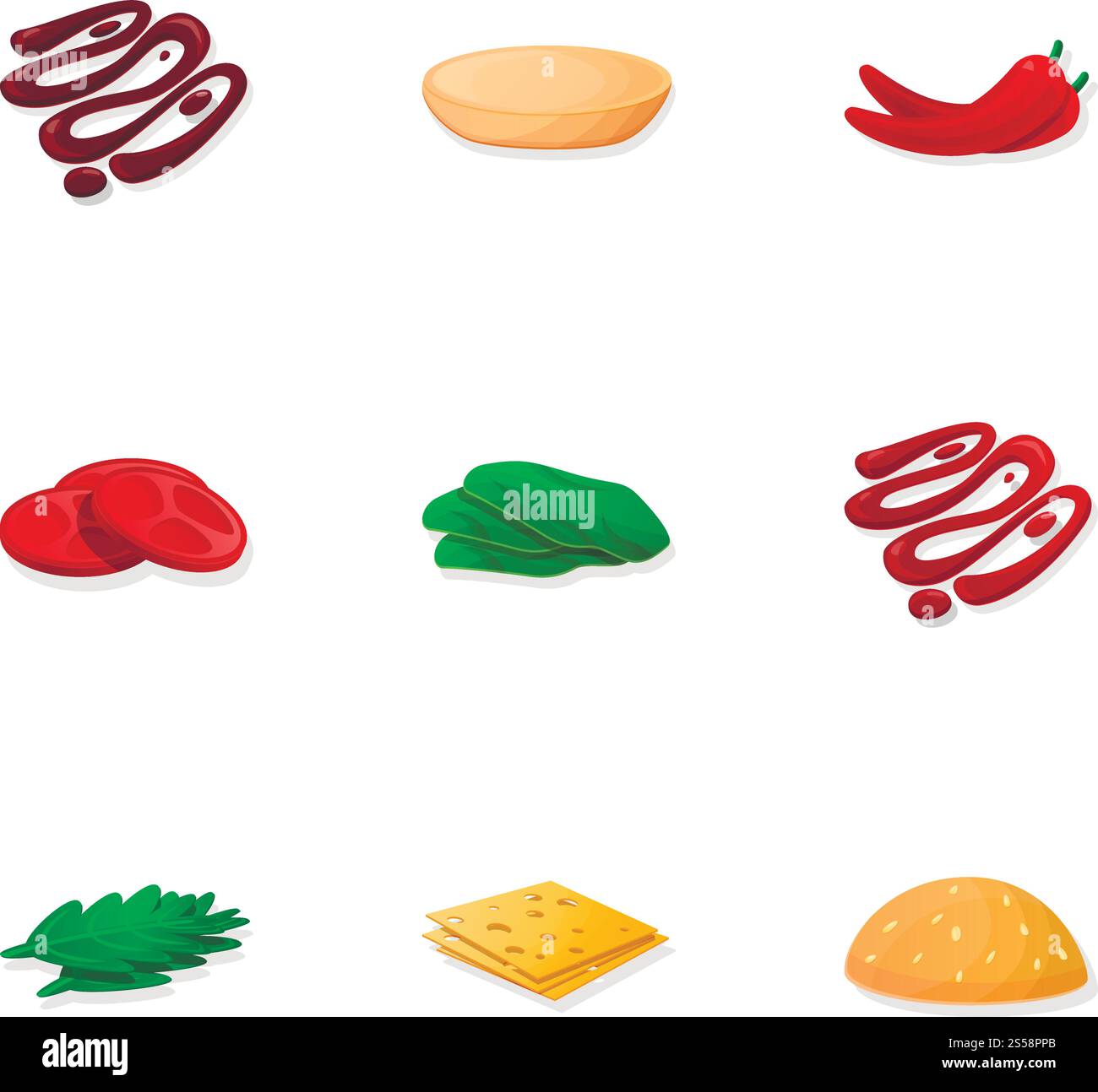Symbolgruppe für Burger-Komponente. Zeichentricksatz von 9 Burger-Komponenten-Vektor-Icons für Webdesign isoliert auf weißem Hintergrund. Burger-Komponenten-Symbolsatz, Cartoon-Stil Stock Vektor