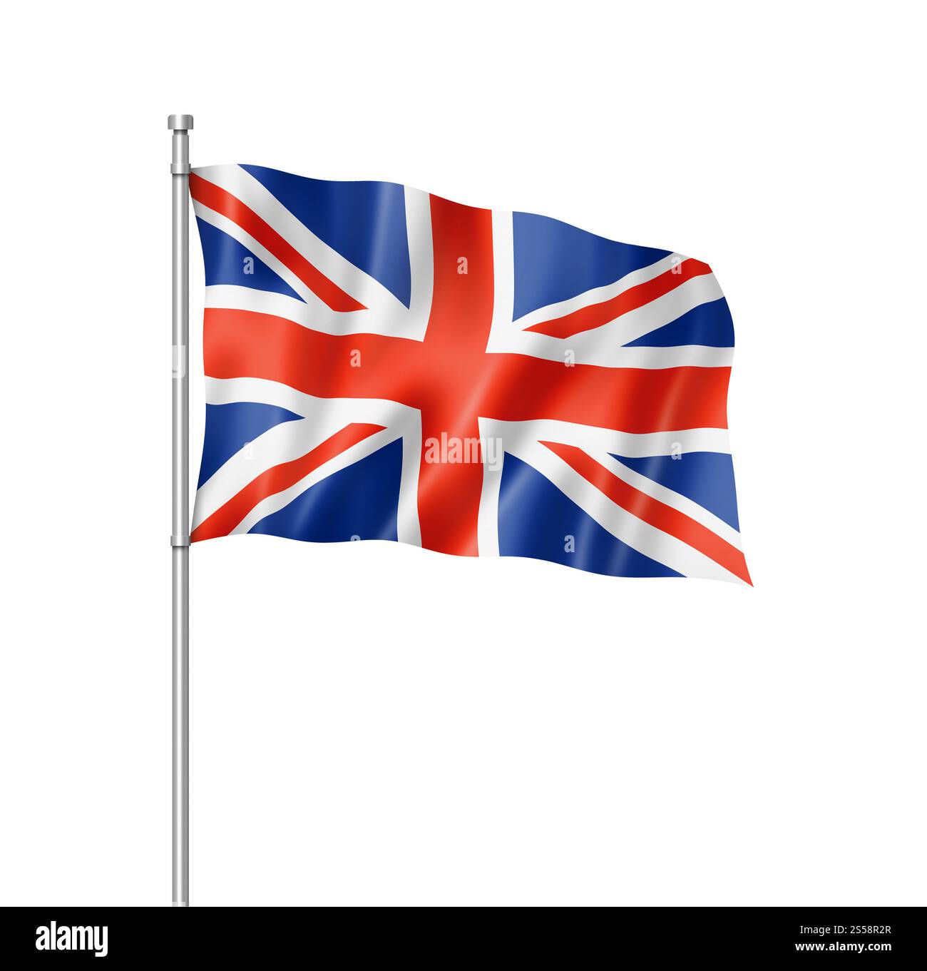 Vereinigtes Königreich, britische Flagge, dreidimensionales Rendering, isoliert auf weiß. Britische Flagge isoliert auf weiß Stockfoto