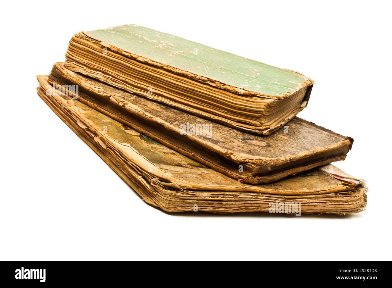Antike alte Bücher isoliert auf weißem Hintergrund. Alte Bücher auf weiß Stockfoto