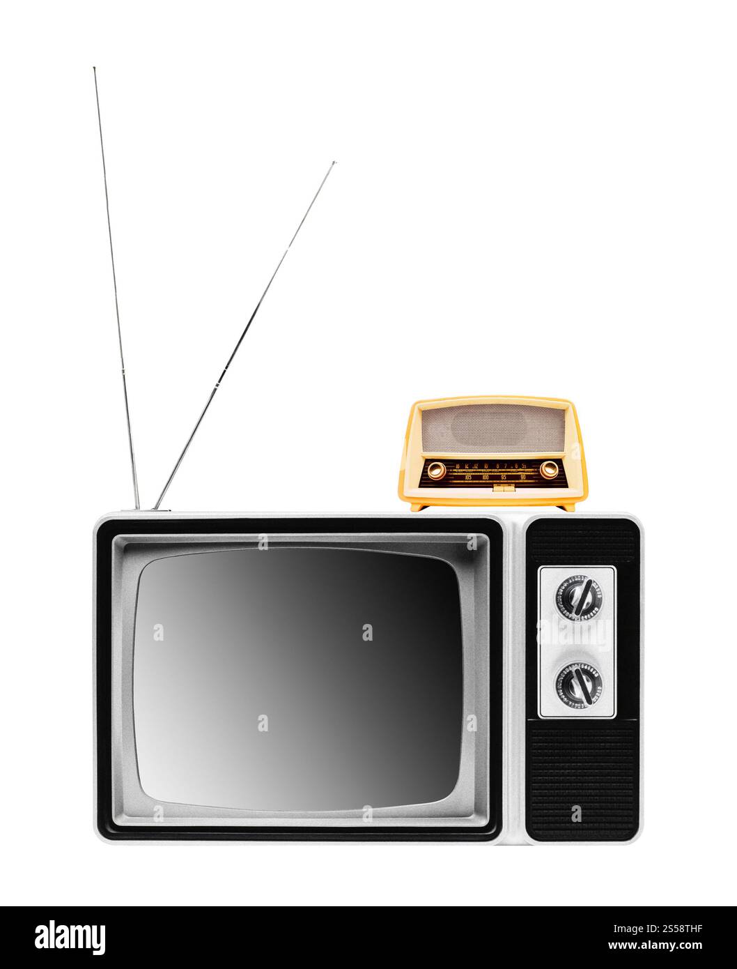 Vintage-Radio im fernsehen isoliert auf weißem Hintergrund. Vintage Radio im fernsehen isoliert Stockfoto