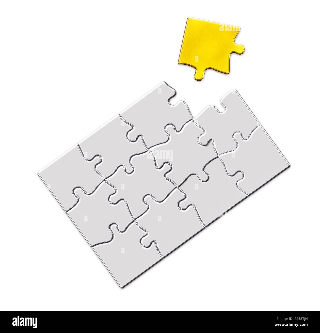goldenes Puzzleteil, das über dem letzten offenen Raum eines weißen Puzzlemusters schwebt. Puzzle mit einem fehlenden goldenen Stück zu vervollständigen Stockfoto