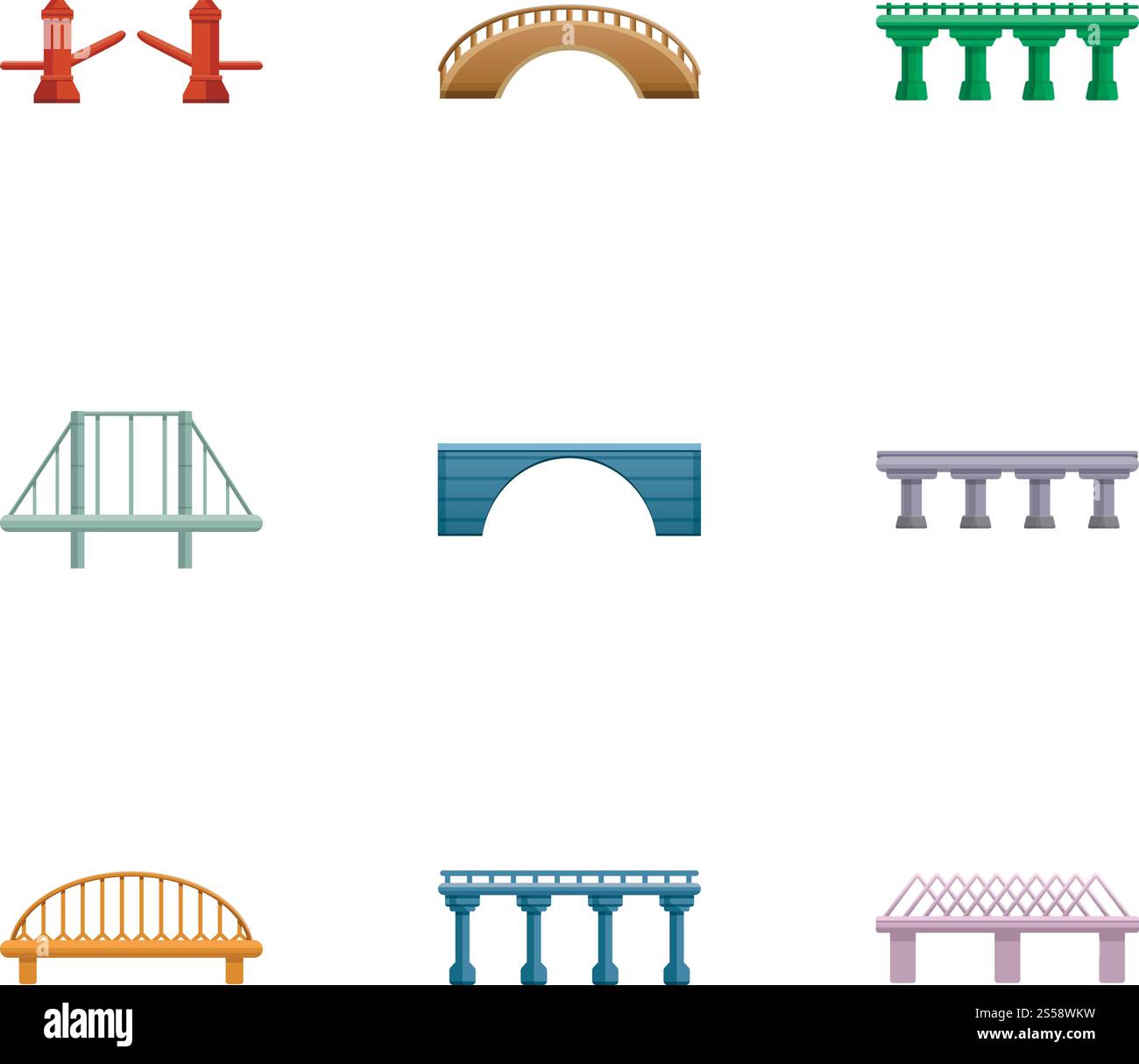 Modernes Bridge-Symbol-Set. Zeichentricksatz von 9 modernen Brücken-Vektor-Icons für Webdesign isoliert auf weißem Hintergrund. Modernes Bridge-Symbol-Set, Cartoon-Stil Stock Vektor