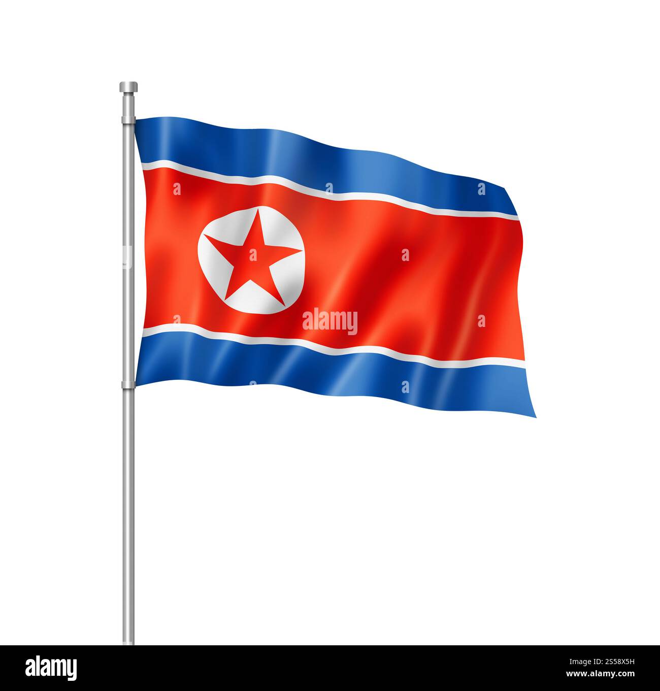 Nordkorea-Flagge, dreidimensionales Rendering, isoliert auf weiß. Nordkoreanische Flagge isoliert auf weiß Stockfoto