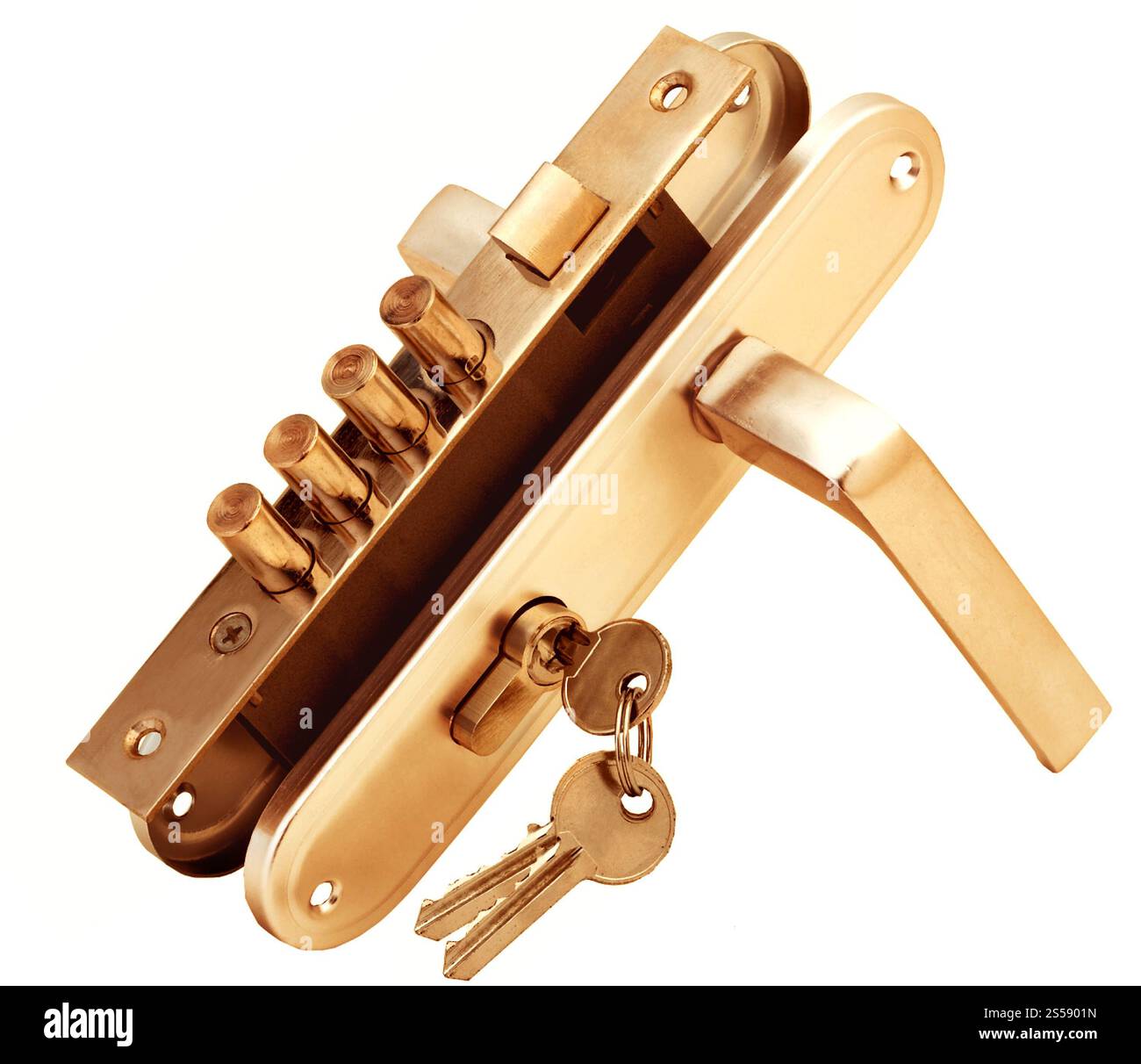 Schlüssel im Türschloss isoliert auf weiß. Schlüssel im Türschloss Stockfoto