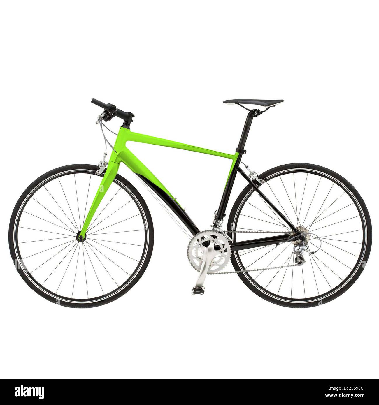 Grünes Bike auf weißem Hintergrund. Umweltfreundliches Motorrad isoliert Stockfoto
