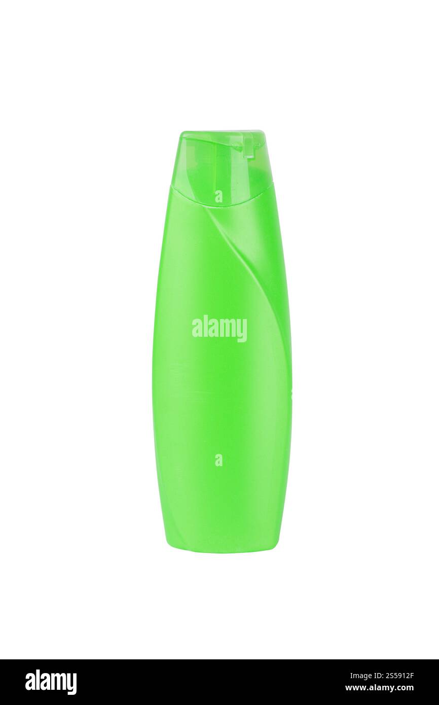 Grüne Kunststoffflasche isoliert auf weißem Hintergrund. Grüne Kunststoffflasche Stockfoto