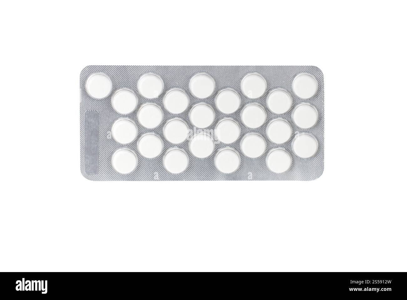 Packung medizinische Pillen isoliert auf weißem Hintergrund. Packung von medizinischen Pillen Stockfoto