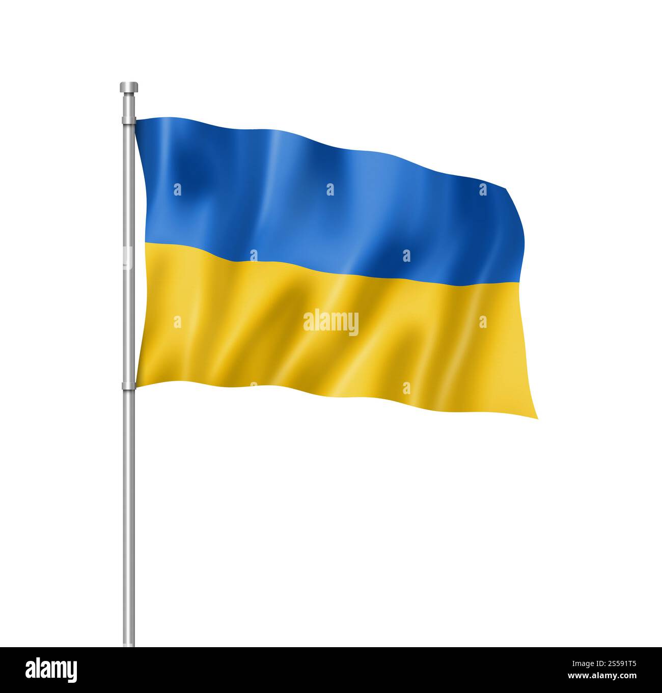 Ukrainische Flagge, dreidimensionales Rendering, isoliert auf weiß. Ukrainische Flagge isoliert auf weiß Stockfoto