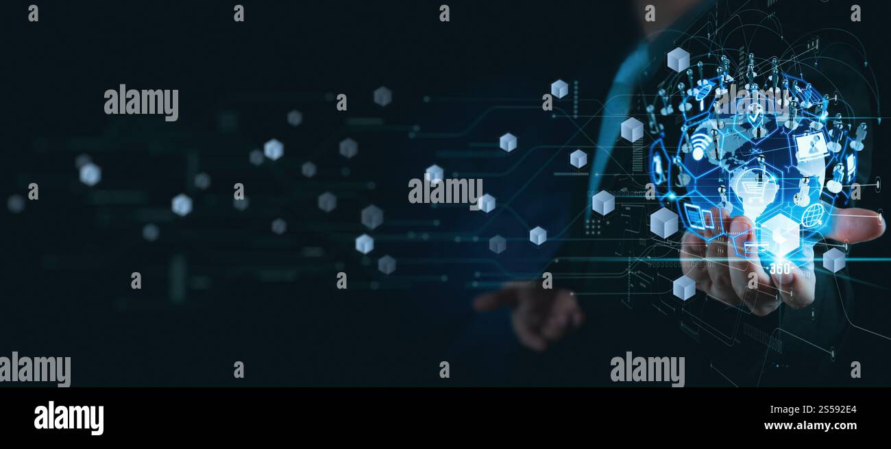 Metaverse Digital Cyber World Technologie Konzept Geschäftsmann Erfolg Zusammenarbeit mit seinem Team als Konzept mit virtueller digitaler Dashboard-Schnittstelle mit Stockfoto