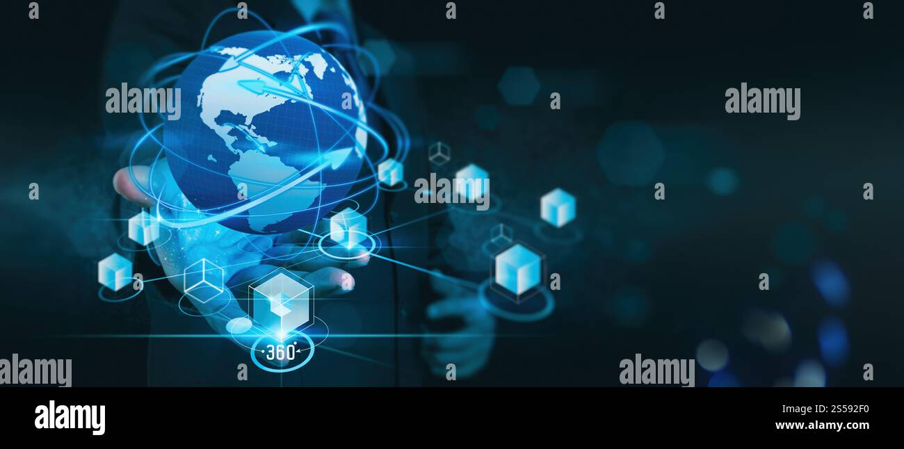 Metaverse Digital Cyber World Technologie Konzept Geschäftsmann Erfolg Zusammenarbeit mit seinem Team als Konzept mit virtuellem digitalem Dashboard die reale Welt Stockfoto